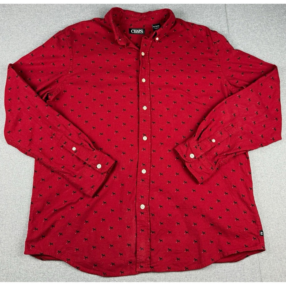 Chaps Mens XL Red Dog Print Shirt Black Dogs Long Sleeve Button Down Cotton